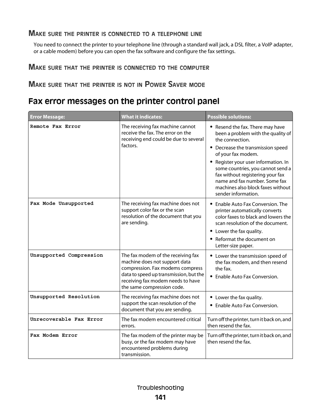 Lexmark Pro700 Series, 90T7005 manual Fax error messages on the printer control panel, 141 