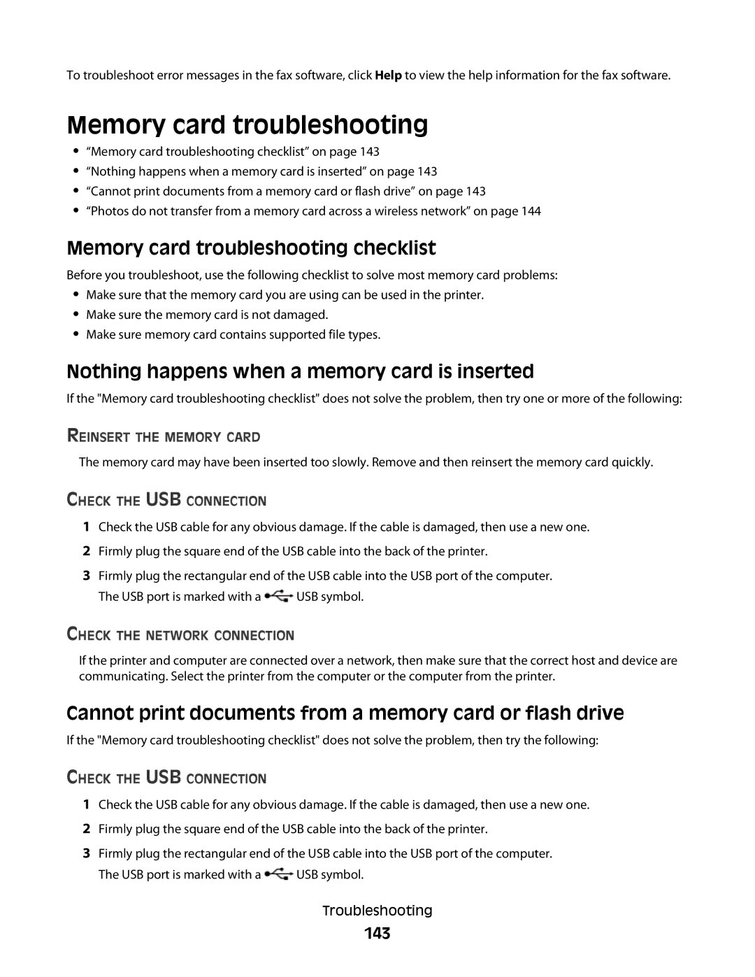 Lexmark Pro700 Series manual Memory card troubleshooting checklist, Nothing happens when a memory card is inserted, 143 