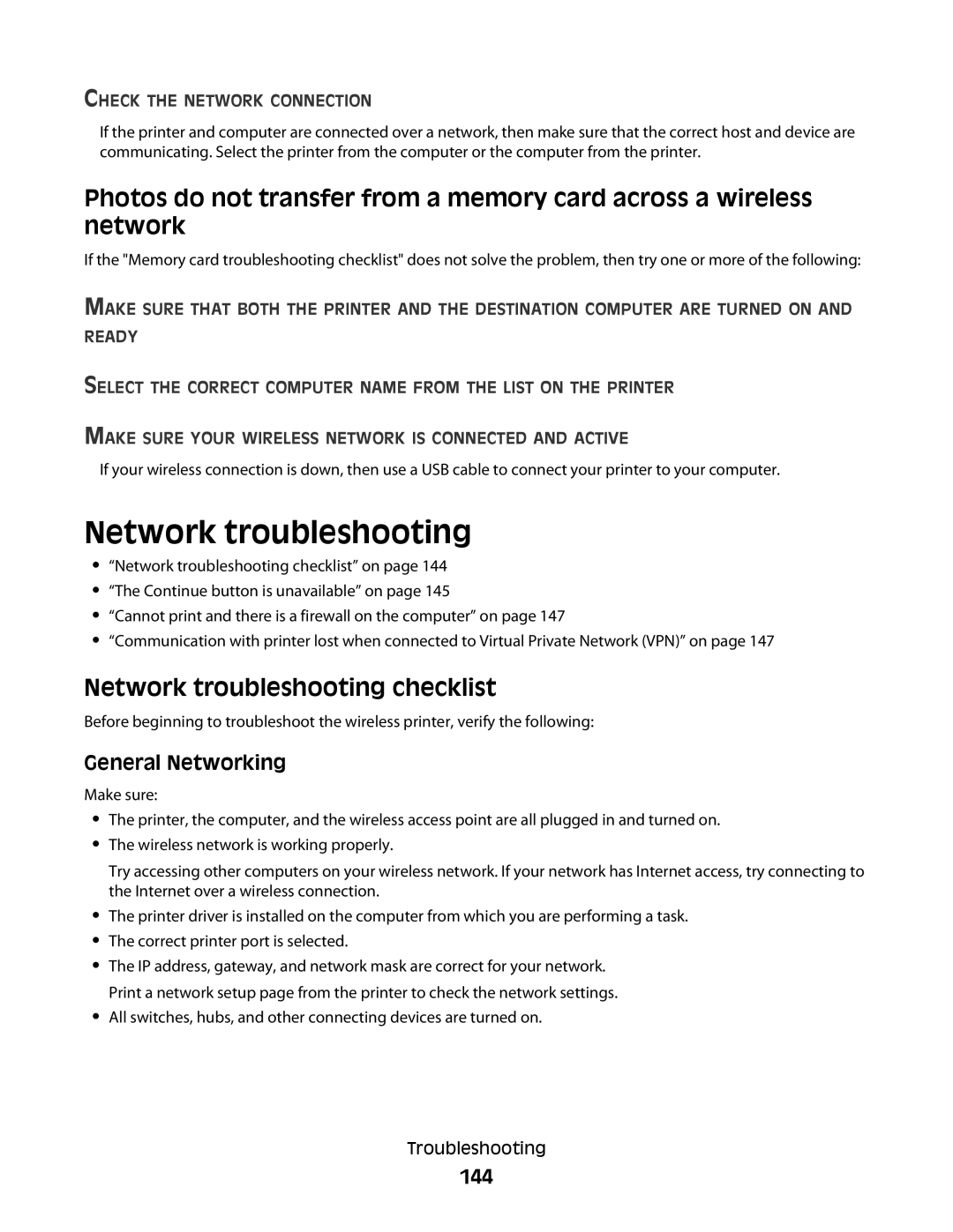 Lexmark 90T7005, Pro700 Series manual Network troubleshooting checklist, General Networking, 144 