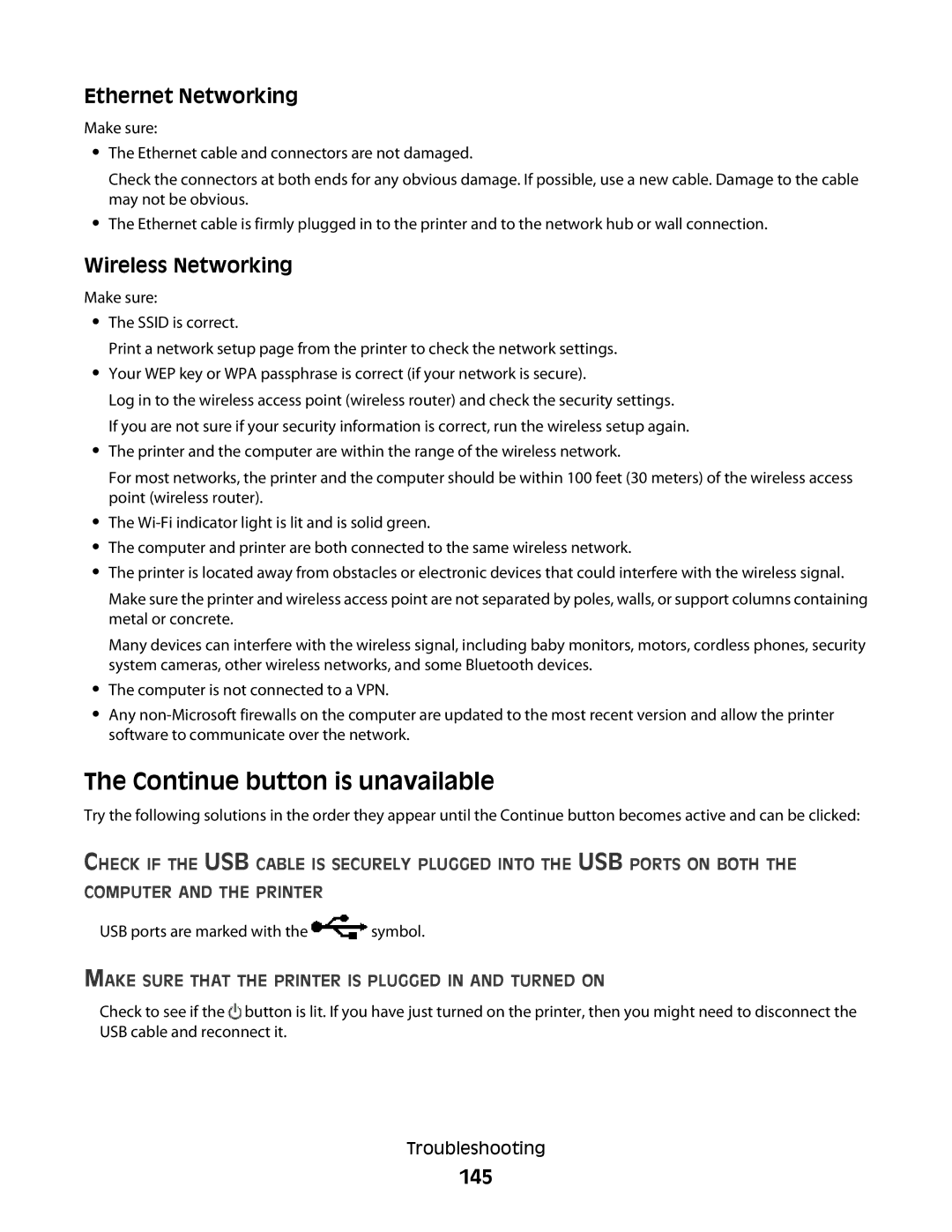 Lexmark Pro700 Series, 90T7005 manual Continue button is unavailable, Ethernet Networking, Wireless Networking, 145 