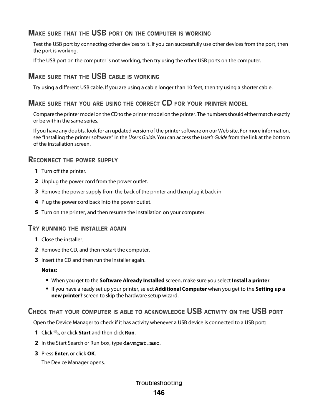 Lexmark 90T7005 manual 146, Make Sure That the USB Port on the Computer is Working, Make Sure That the USB Cable is Working 