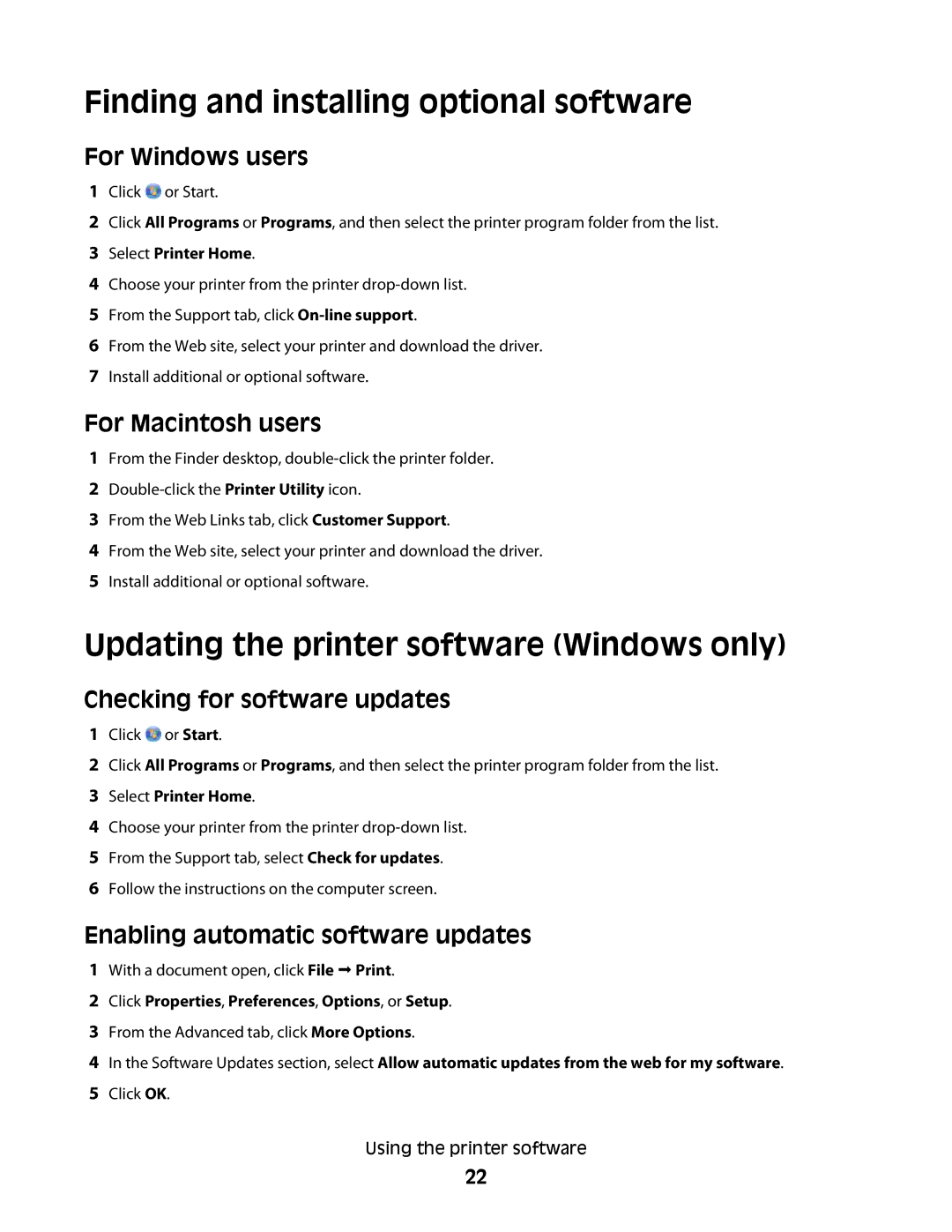 Lexmark 90T7005, Pro700 Series manual Finding and installing optional software, Updating the printer software Windows only 