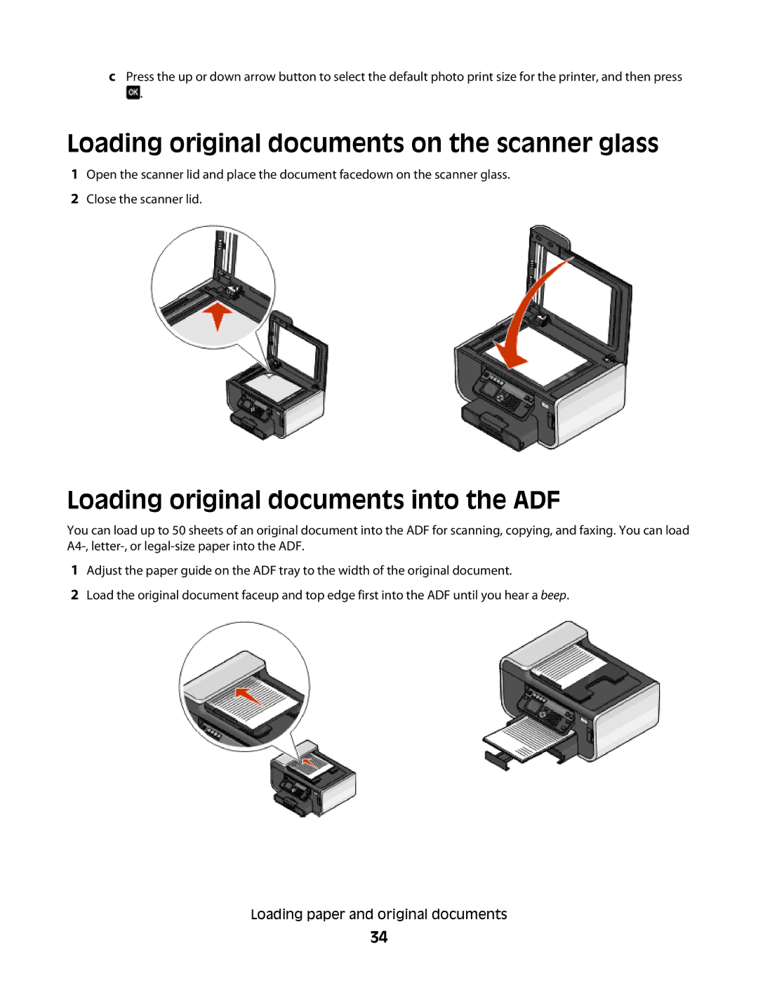 Lexmark 90T7005, Pro700 Series Loading original documents on the scanner glass, Loading original documents into the ADF 