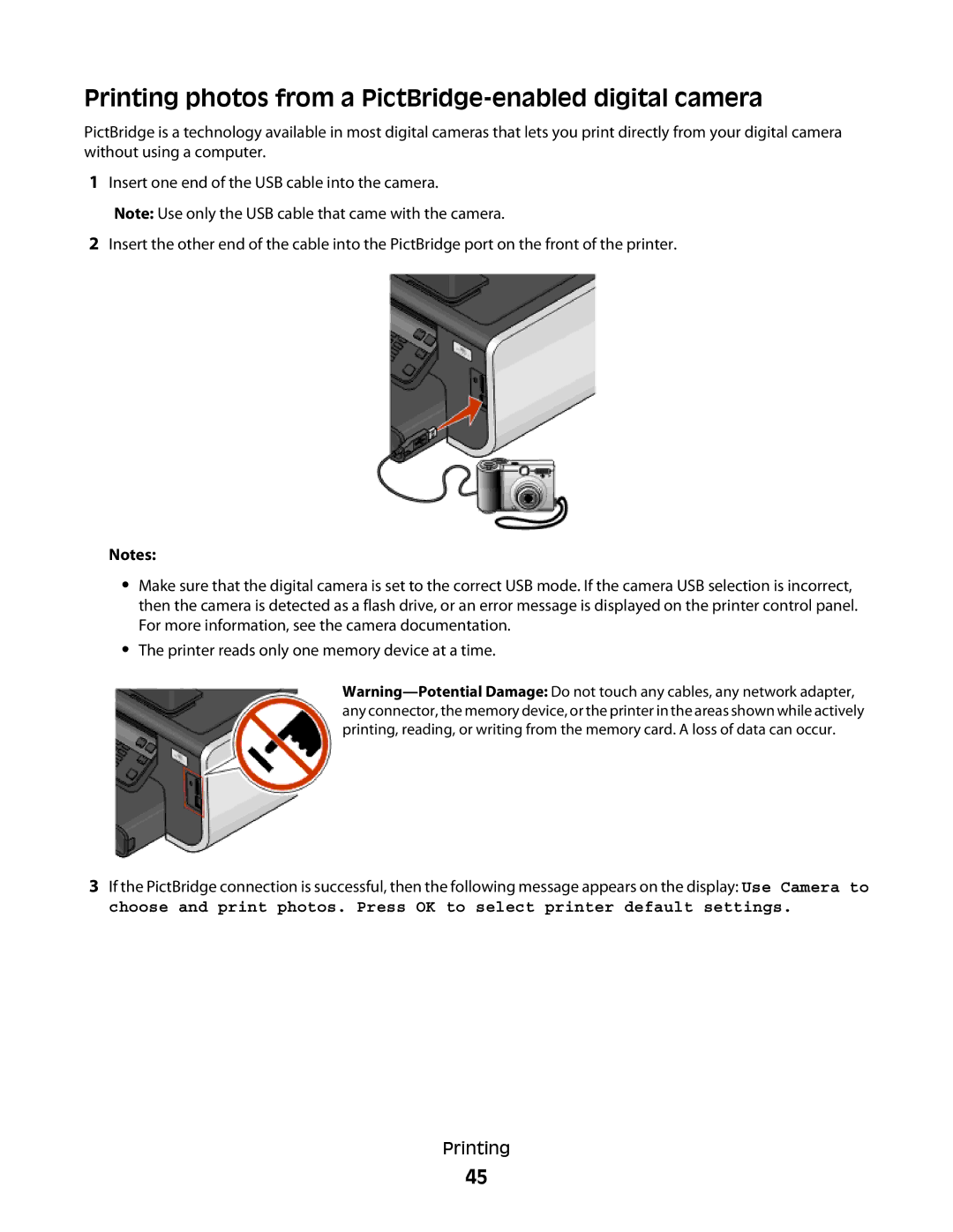 Lexmark Pro700 Series, 90T7005 manual Printing photos from a PictBridge-enabled digital camera 