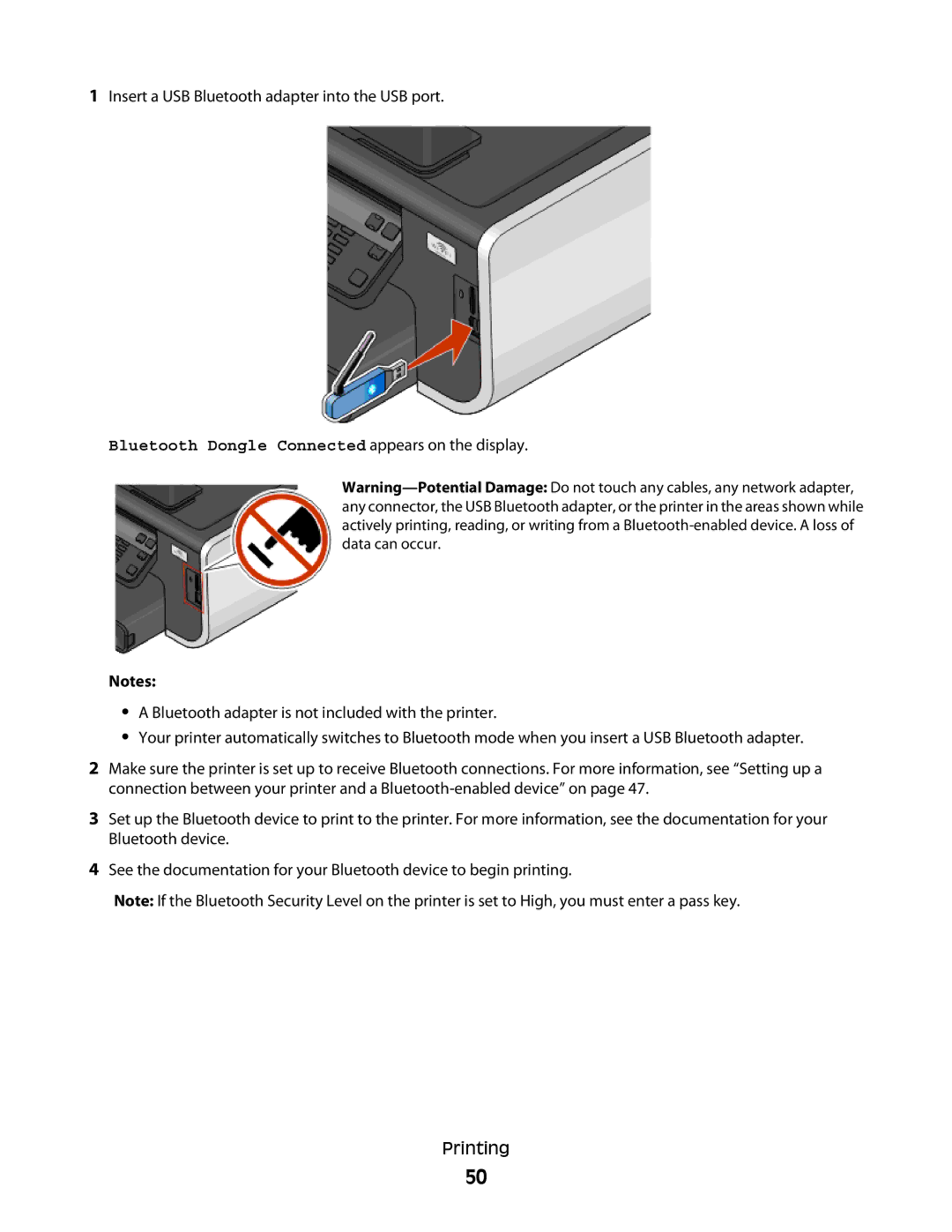 Lexmark 90T7005, Pro700 Series manual Insert a USB Bluetooth adapter into the USB port 