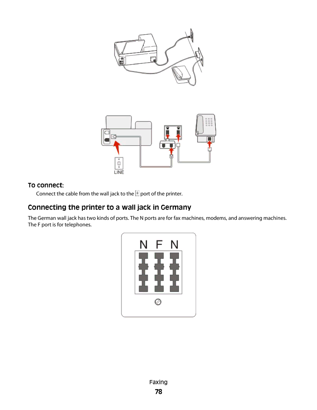 Lexmark 90T7005, Pro700 Series manual Connecting the printer to a wall jack in Germany 