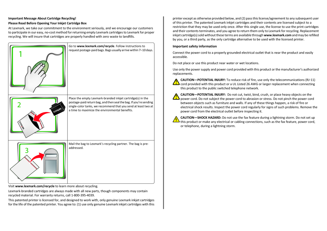 Lexmark 90T7110 manual Important Message About Cartridge Recycling, Please Read Before Opening Your Inkjet Cartridge Box 
