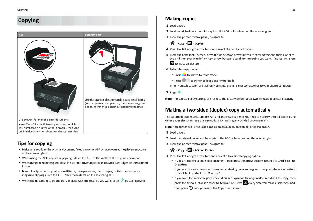 Lexmark 90T7110 Copying, Tips for copying, Making copies, Making a two‑sided duplex copy automatically, Scanner glass 