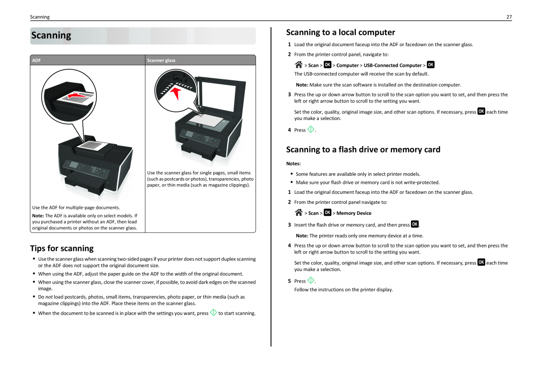 Lexmark 90T7110 manual Tips for scanning, Scanning to a local computer, Scanning to a flash drive or memory card 
