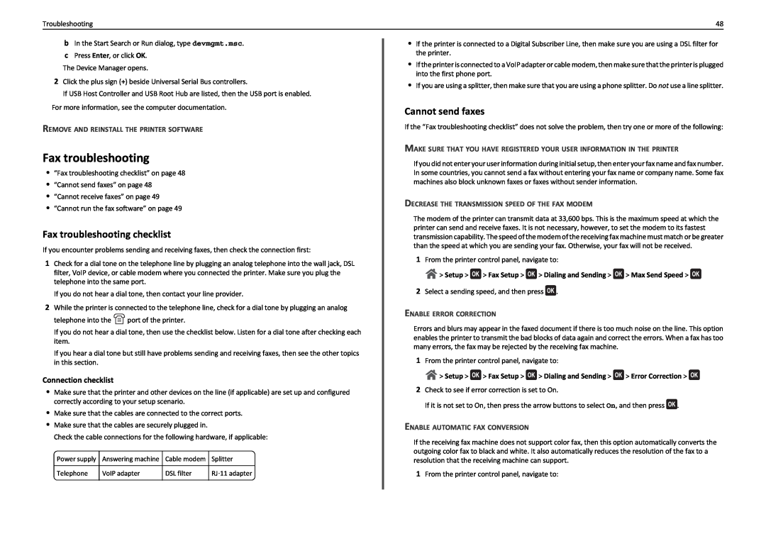Lexmark 90T7110 manual Fax troubleshooting checklist, Cannot send faxes, Connection checklist, Enable Error Correction 