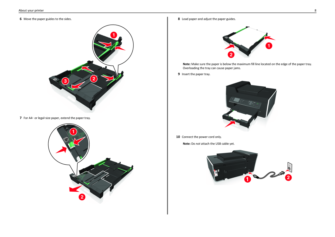 Lexmark 90T7110 About your printer, Move the paper guides to the sides, For A4‑ or legal‑size paper, extend the paper tray 