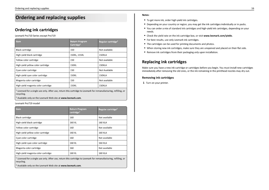 Lexmark 90T7110 manual Ordering and replacing supplies, Ordering ink cartridges, Replacing ink cartridges 