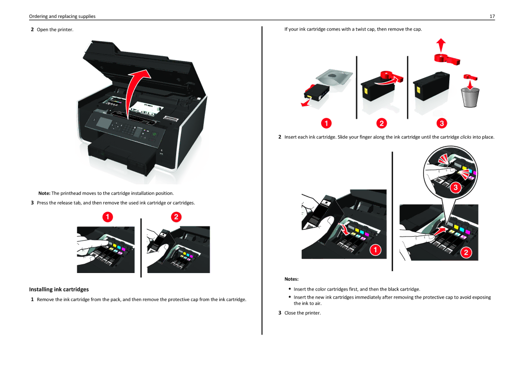 Lexmark 90T7110 manual Installing ink cartridges 