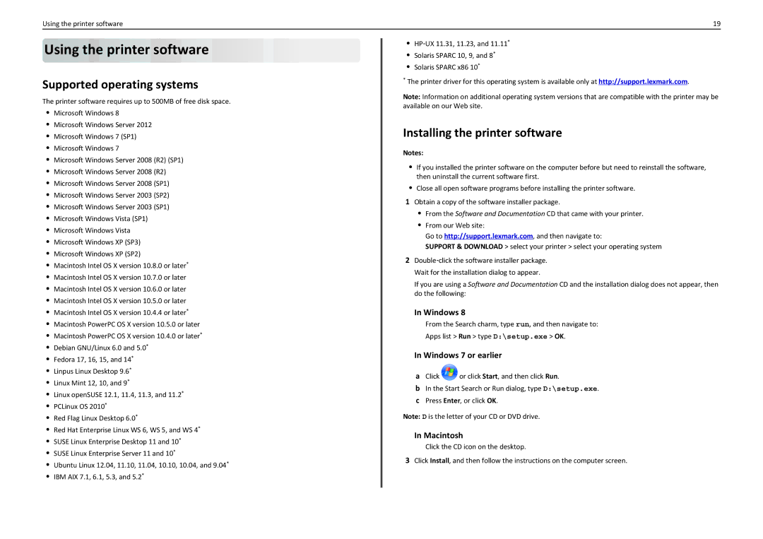 Lexmark 90T7110 manual Using the printer software, Supported operating systems, Installing the printer software 