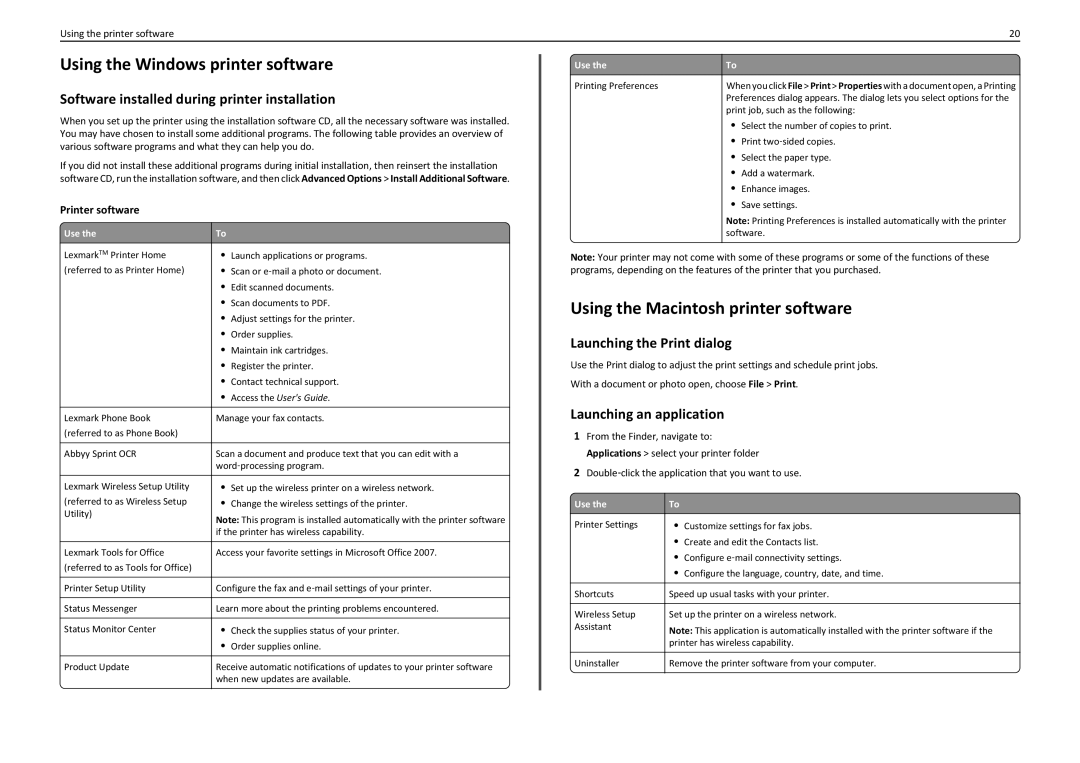 Lexmark 90T7110 manual Using the Windows printer software, Using the Macintosh printer software, Launching the Print dialog 