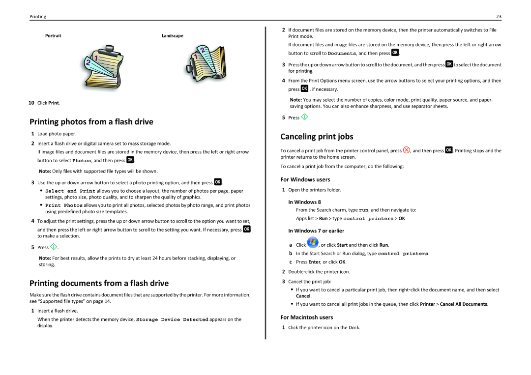 Lexmark 90T7110 Printing photos from a flash drive, Printing documents from a flash drive, Canceling print jobs, Windows 