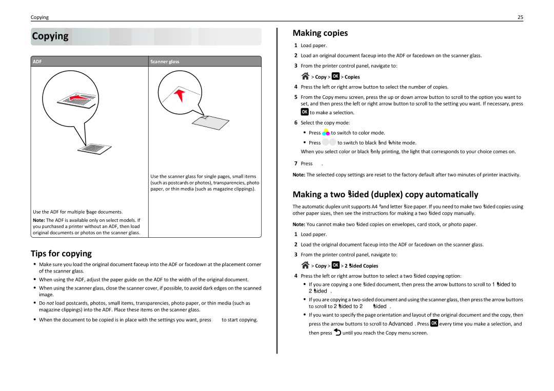 Lexmark 90T7110 manual Copying, Tips for copying, Making copies, Making a two‑sided duplex copy automatically 