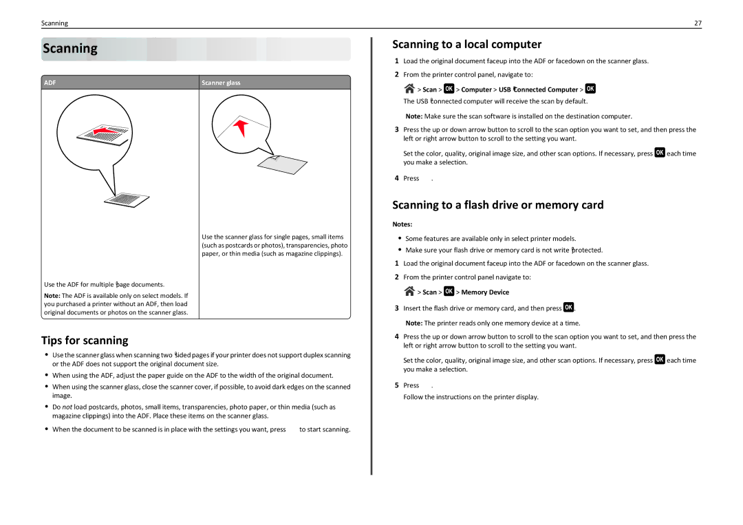 Lexmark 90T7110 manual Tips for scanning, Scanning to a local computer, Scanning to a flash drive or memory card 