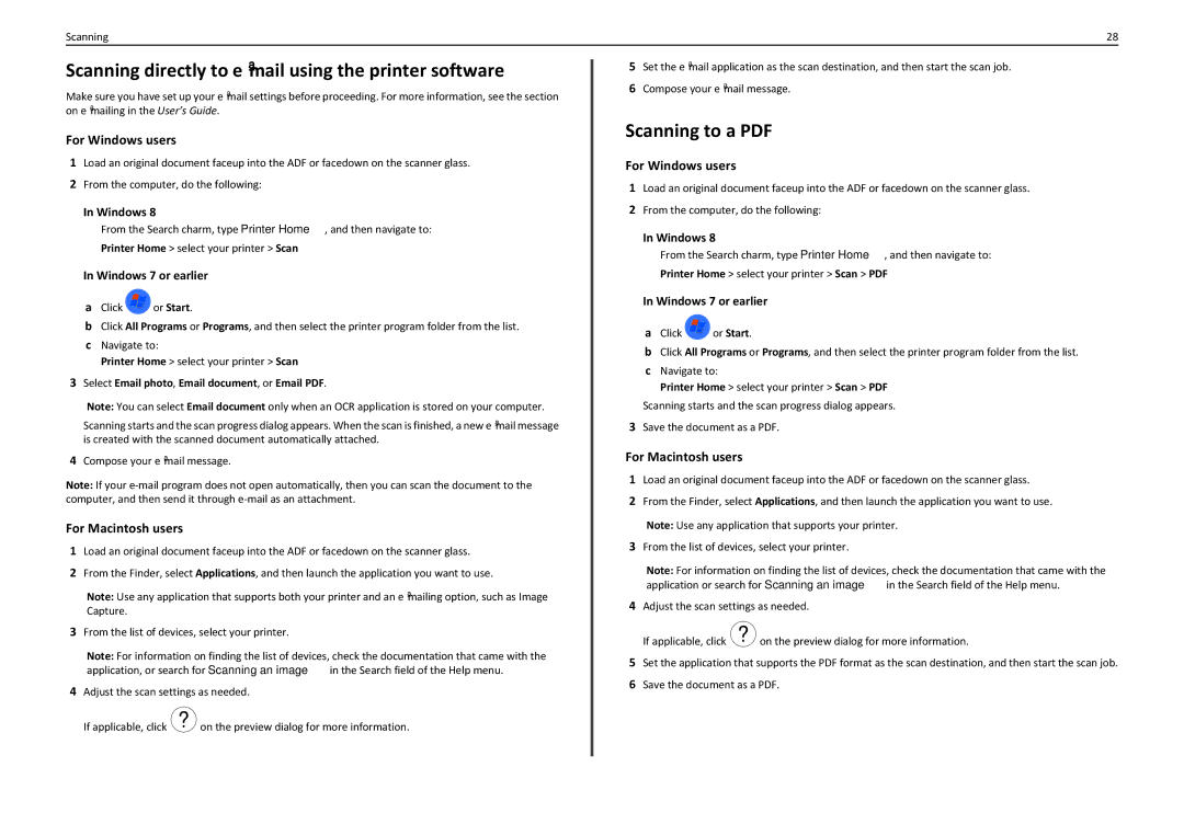 Lexmark 90T7110 manual Scanning directly to e‑mail using the printer software, Windows Windows 7 or earlier 