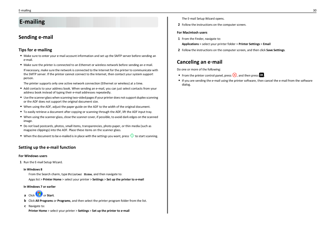 Lexmark 90T7110 manual Sending e-mail, Canceling an e‑mail, Tips for e‑mailing, Setting up the e-mail function 