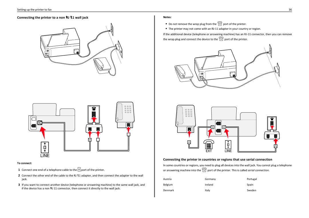 Lexmark 90T7110 manual Connecting the printer to a non‑RJ‑11 wall jack 