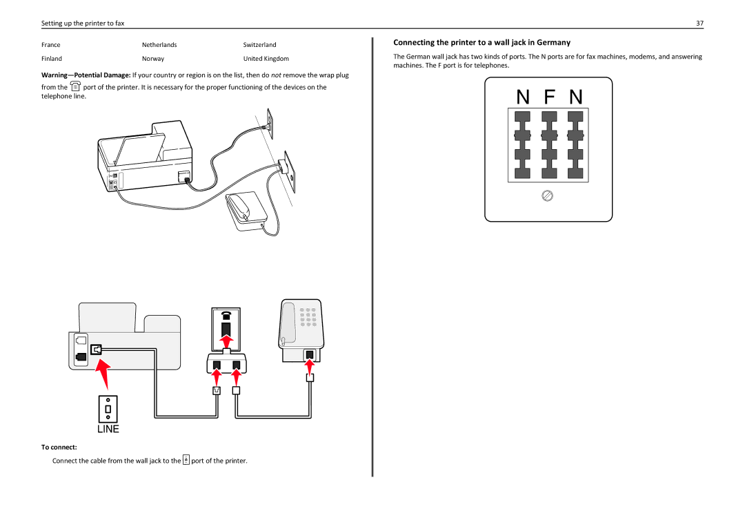 Lexmark 90T7110 manual Connecting the printer to a wall jack in Germany 