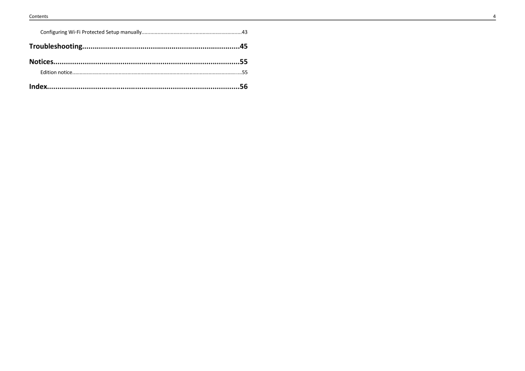 Lexmark 90T7110 Edition notice, Contents Configuring Wi‑Fi Protected Setup manually 