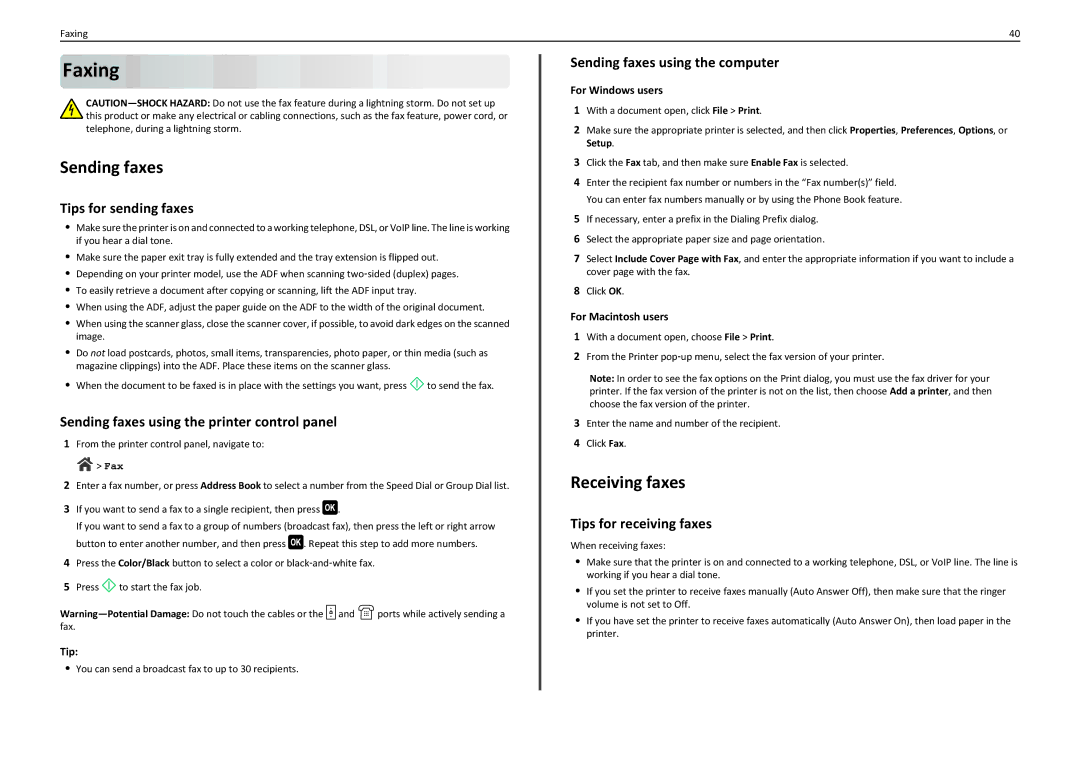 Lexmark 90T7110 manual Faxing, Sending faxes, Receiving faxes 