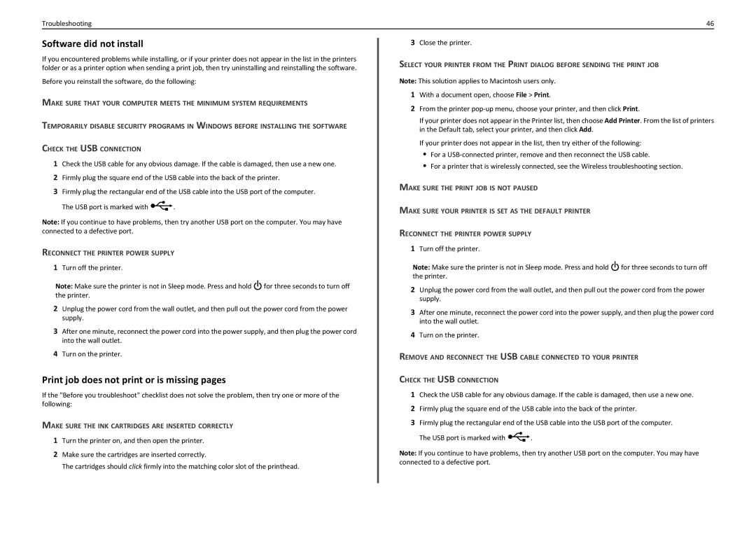 Lexmark 90T7110 Software did not install, Print job does not print or is missing pages, Reconnect the Printer Power Supply 