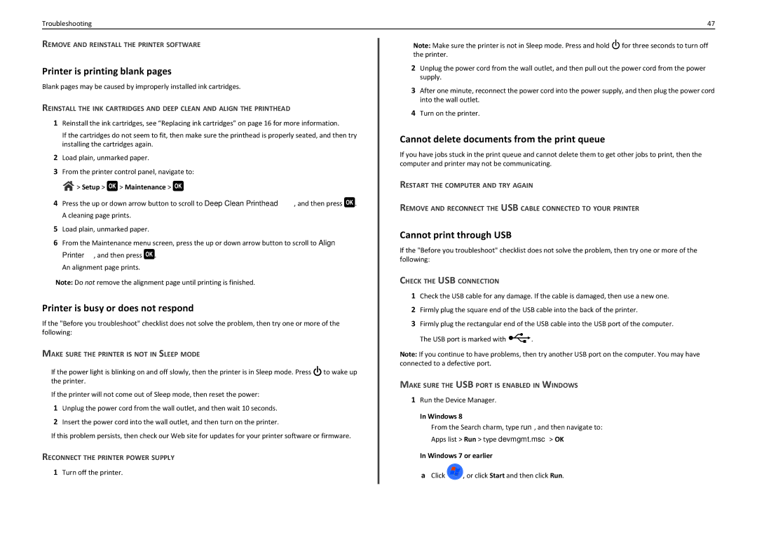 Lexmark 90T7110 manual Printer is printing blank pages, Printer is busy or does not respond, Cannot print through USB 