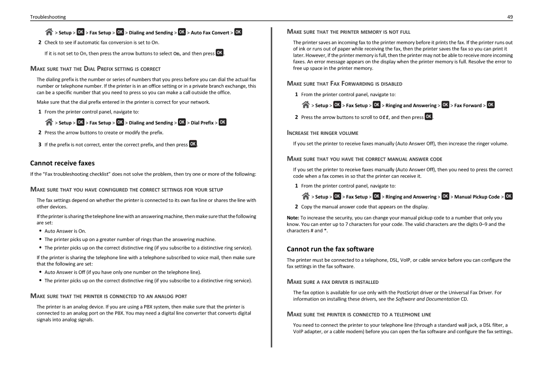 Lexmark 90T7110 manual Cannot receive faxes, Cannot run the fax software 