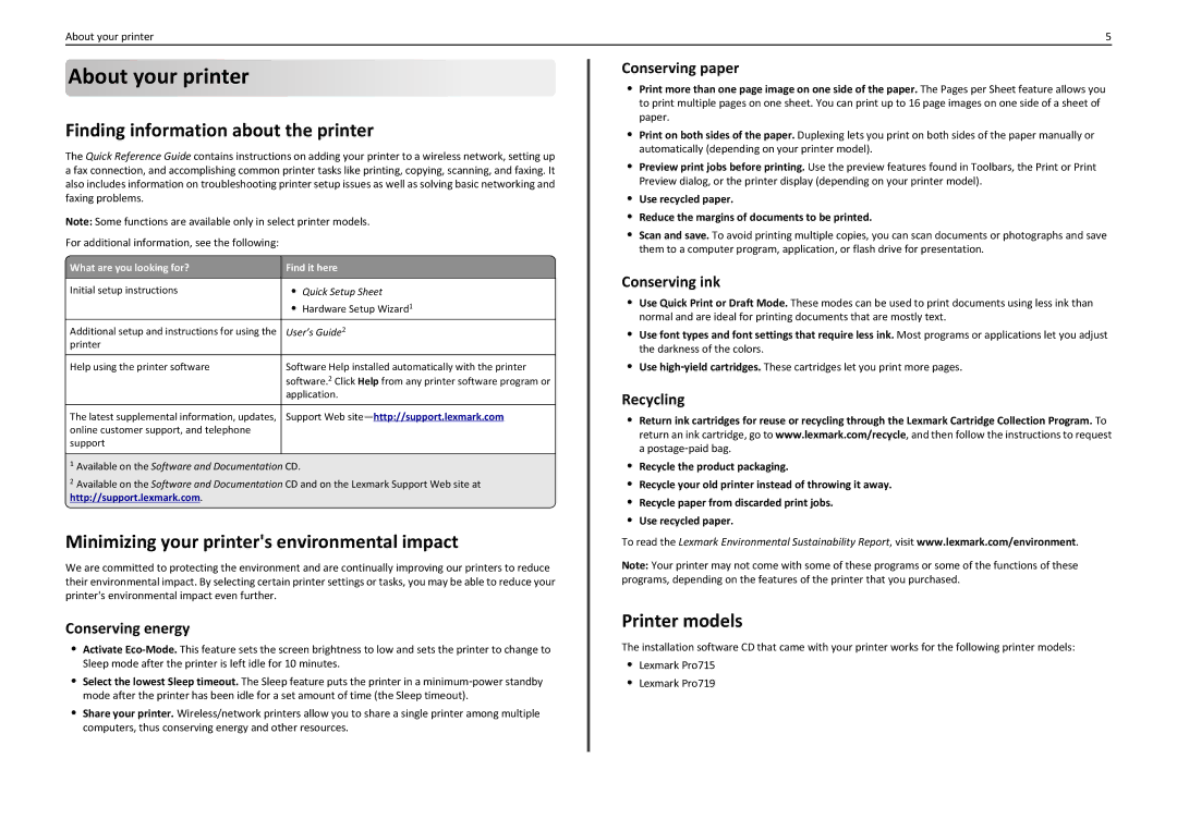 Lexmark 90T7110 About your printer, Finding information about the printer, Minimizing your printers environmental impact 