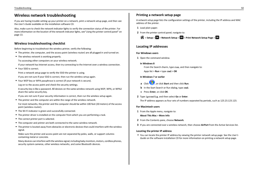 Lexmark 90T7110 manual Wireless network troubleshooting, Wireless troubleshooting checklist, Printing a network setup 