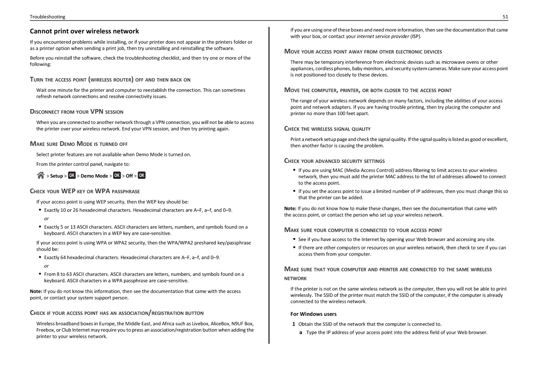 Lexmark 90T7110 manual Cannot print over wireless network 