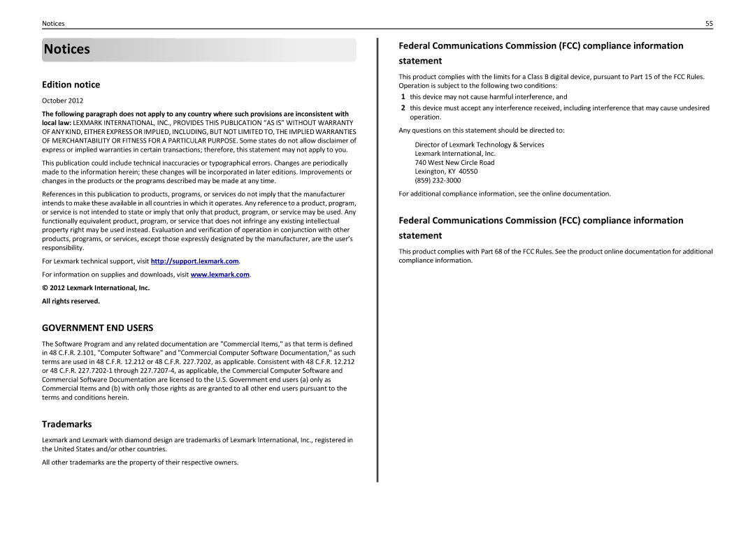 Lexmark 90T7110 manual Edition notice, Trademarks, Lexmark International, Inc All rights reserved 