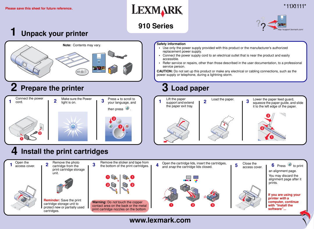 Lexmark 910 Series manual Unpack your printer, Series??, Prepare the printer, Load paper, Install the print cartridges 