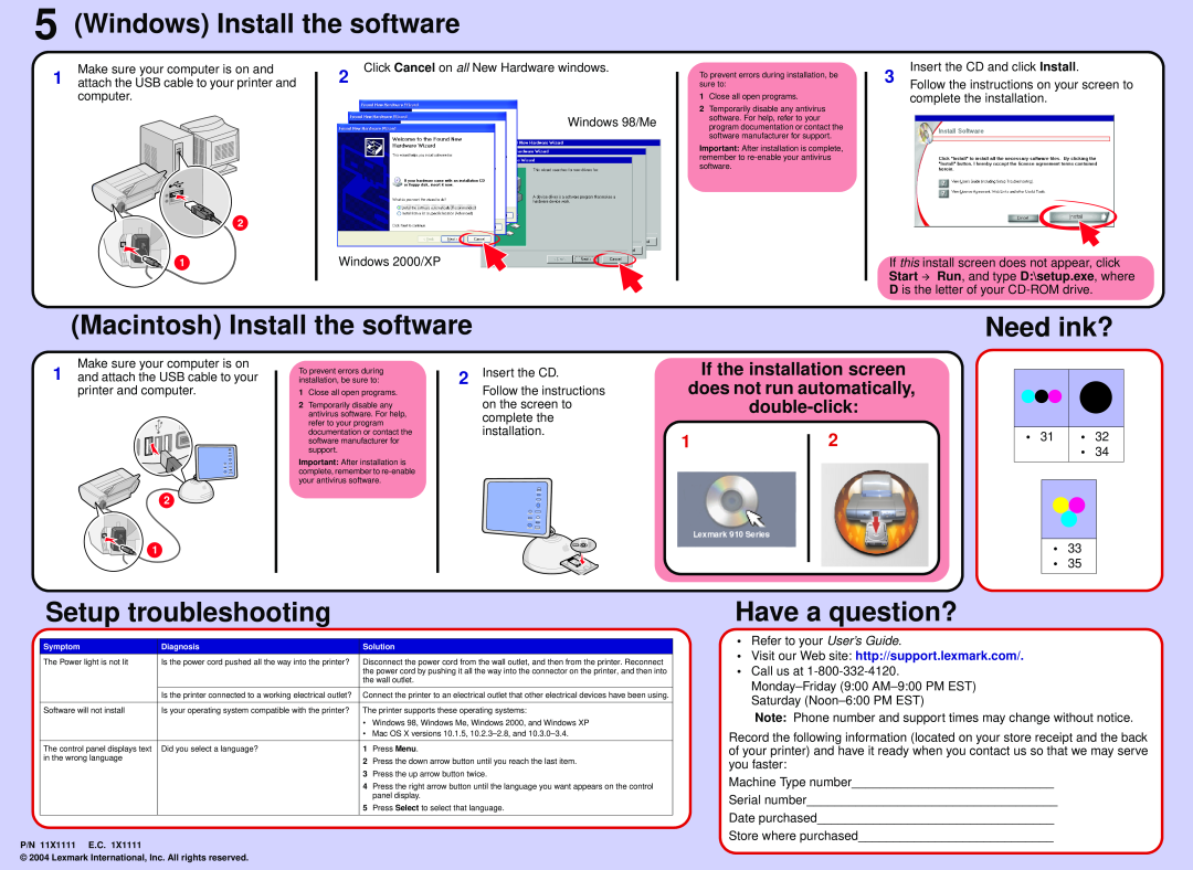 Lexmark 910 Series manual Windows Install the software, Macintosh Install the software, Need ink?, Setup troubleshooting 