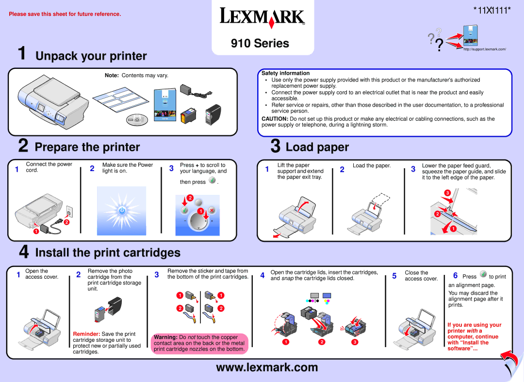 Lexmark 910 Series manual Unpack your printer, Series??, Prepare the printer, Load paper, Install the print cartridges 