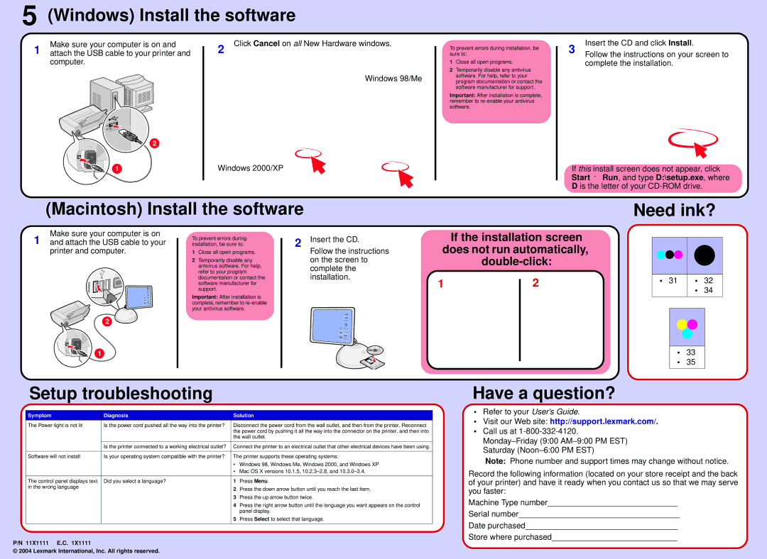 Lexmark 910 Series manual Windows Install the software, Macintosh Install the software Need ink?, Setup troubleshooting 