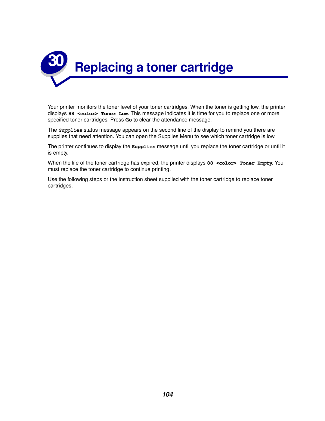 Lexmark 910 manual Replacing a toner cartridge, 104 