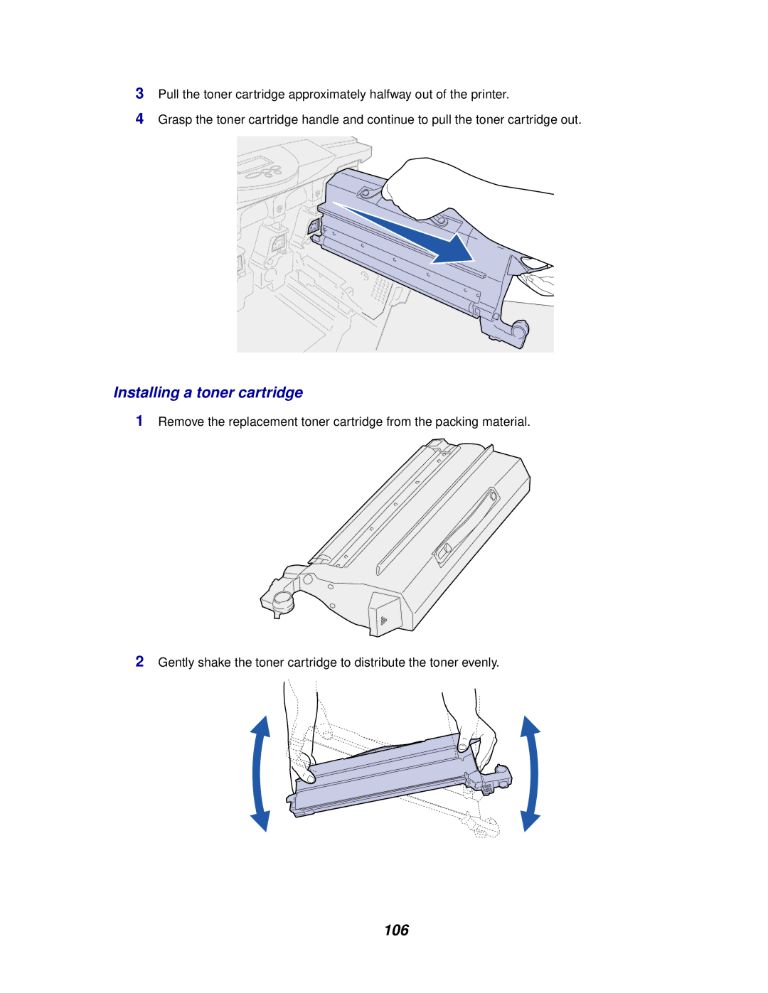 Lexmark 910 manual Installing a toner cartridge, 106 