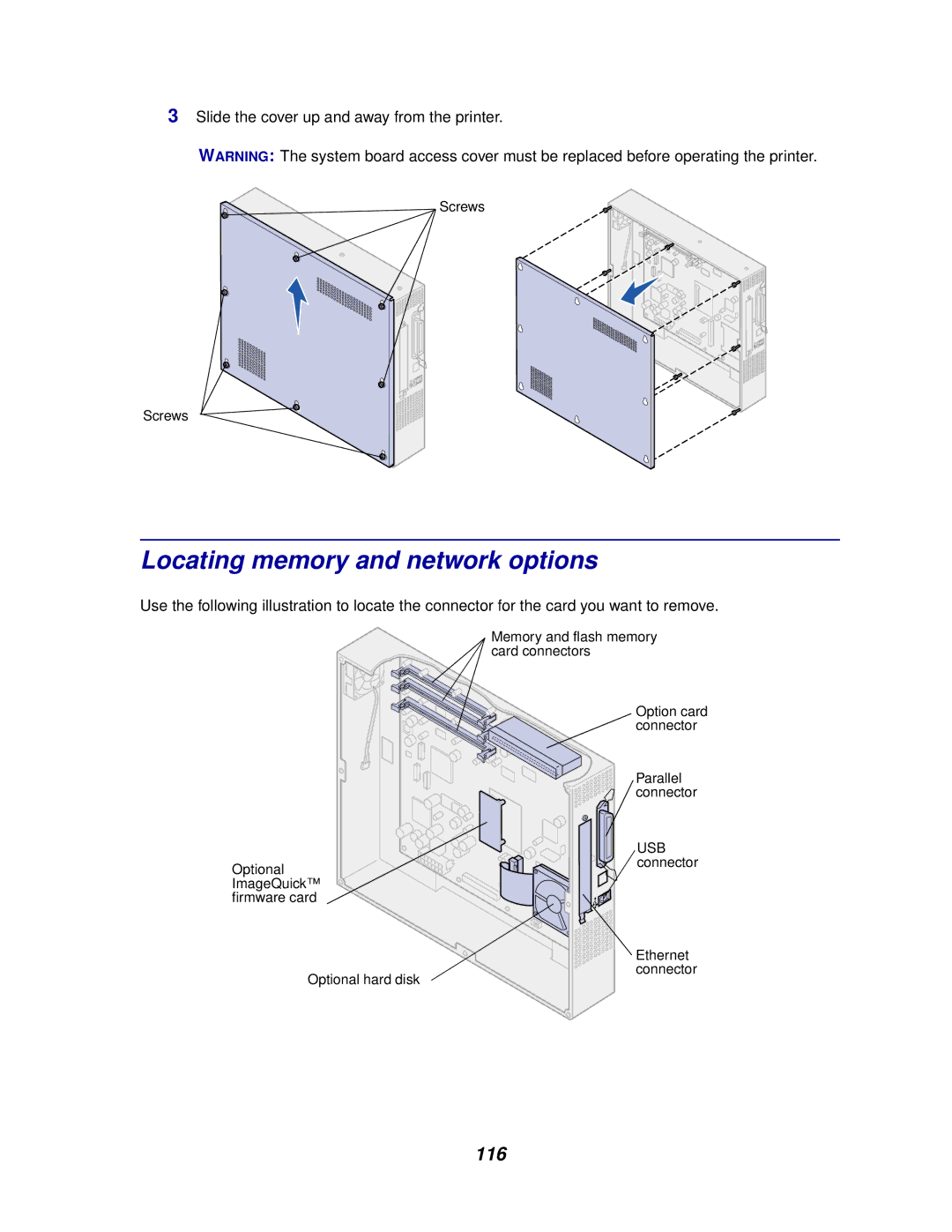 Lexmark 910 manual Locating memory and network options, 116 