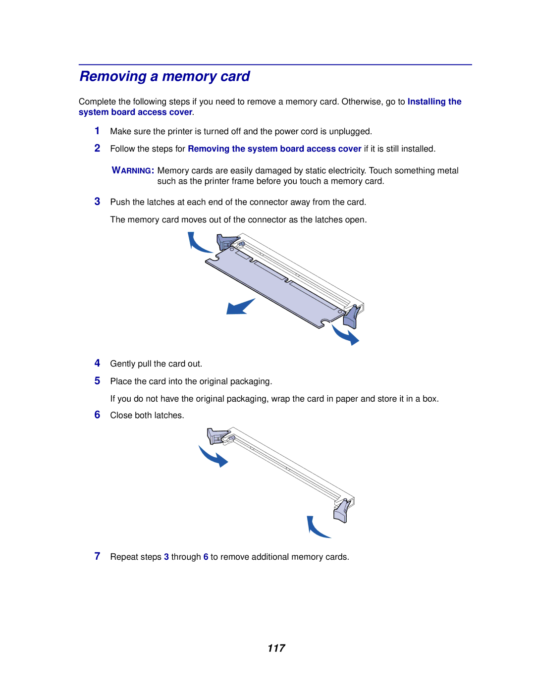 Lexmark 910 manual Removing a memory card, 117 