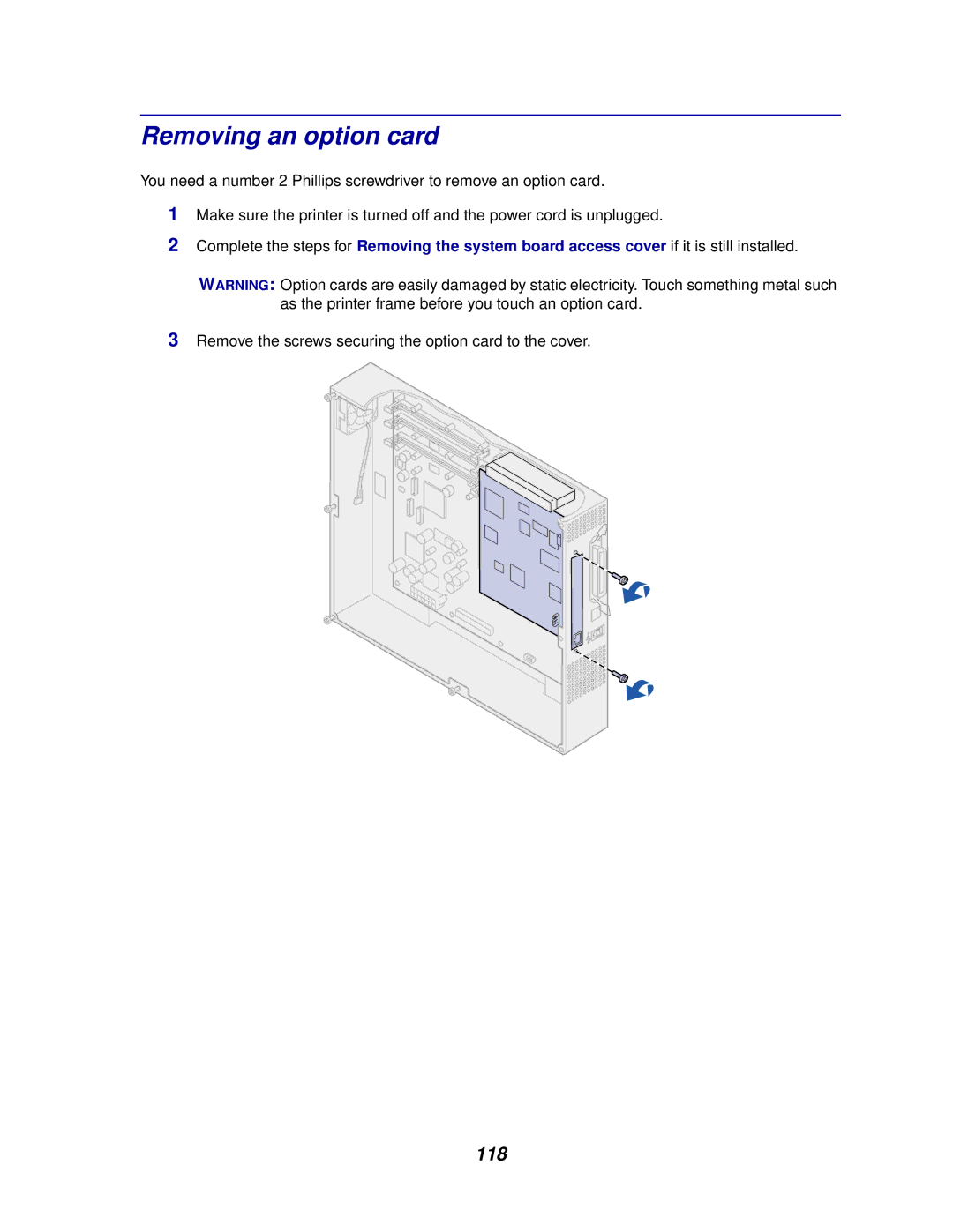 Lexmark 910 manual Removing an option card, 118 