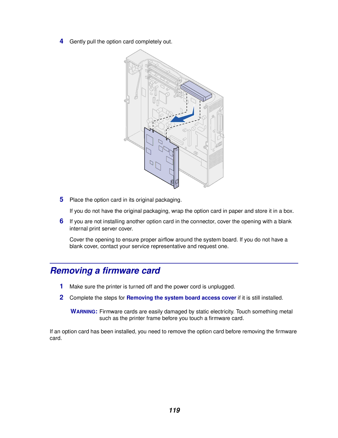 Lexmark 910 manual Removing a firmware card, 119 