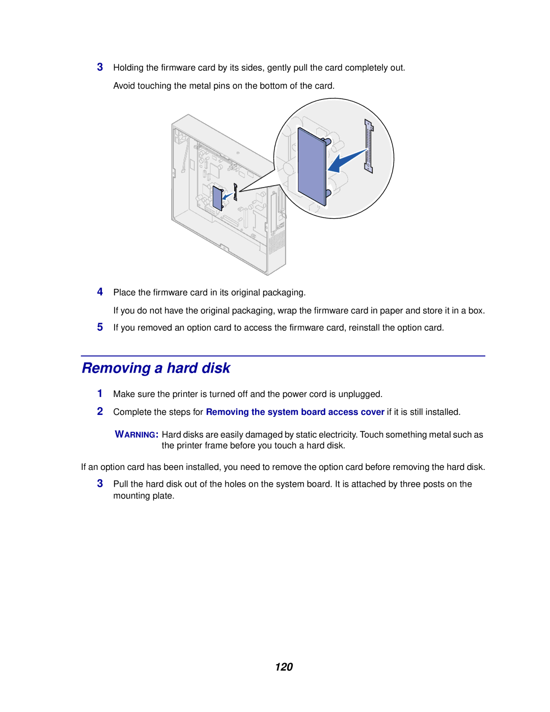 Lexmark 910 manual Removing a hard disk, 120 