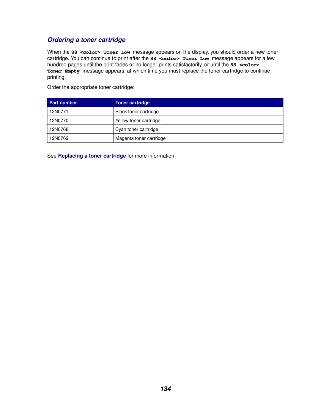 Lexmark 910 manual Ordering a toner cartridge, 134 