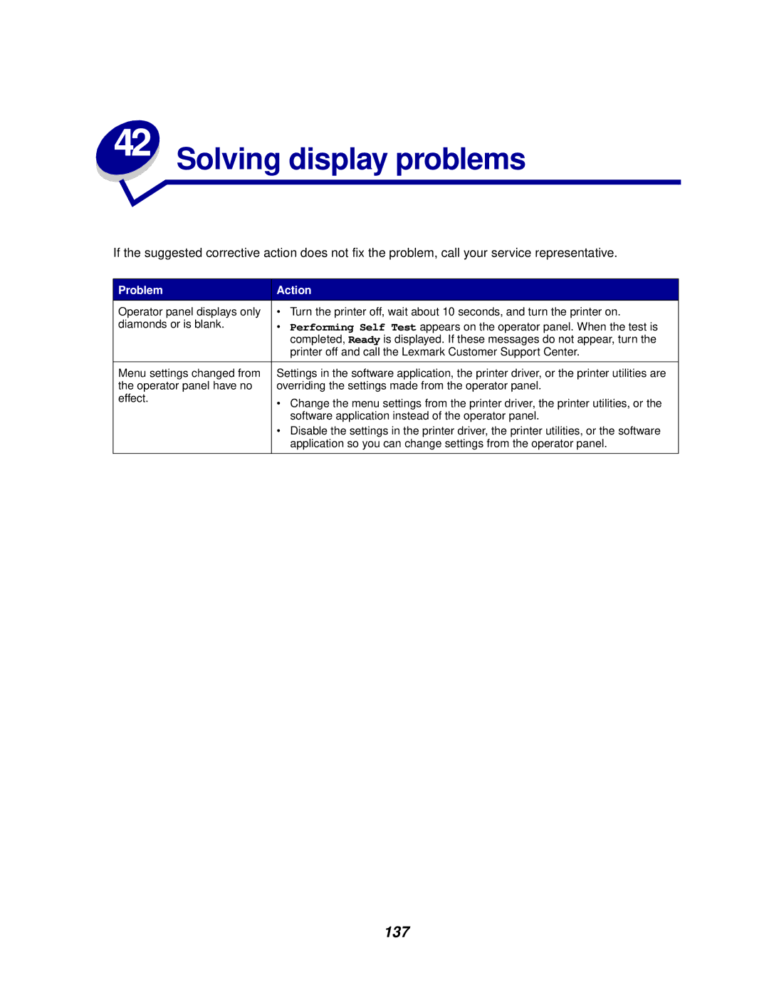 Lexmark 910 manual Solving display problems, 137 