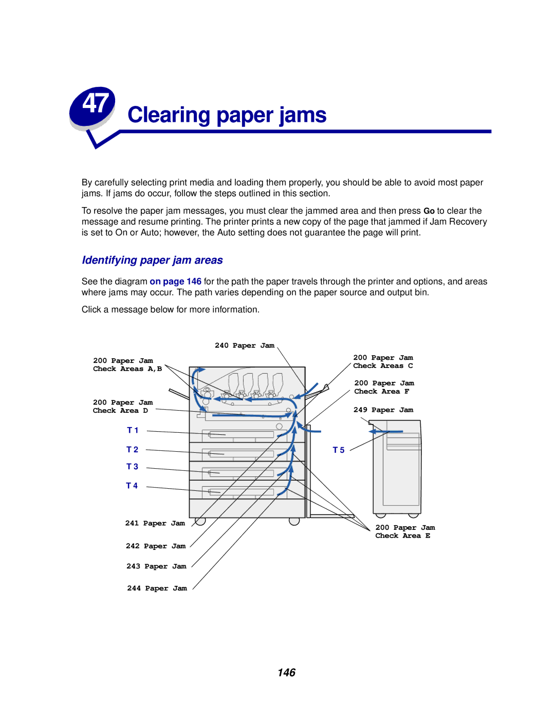 Lexmark 910 manual Clearing paper jams, Identifying paper jam areas, 146 