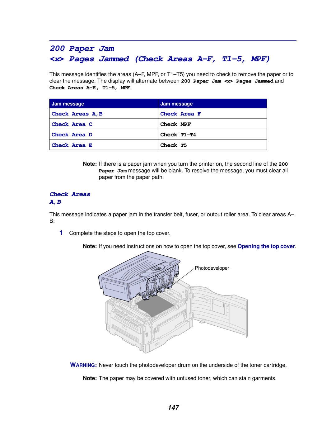 Lexmark 910 manual Paper Jam Pages Jammed Check Areas A-F, T1-5, MPF, 147 